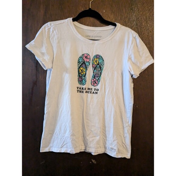 4/$12 Life Is Good Women's Medium Flip Flops Take Me To The Ocean T-Shirt - Picture 1 of 8
